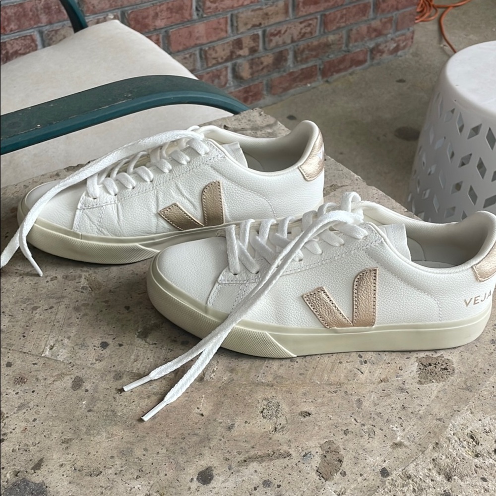 Veja White and Gold Minimalist Sneakers